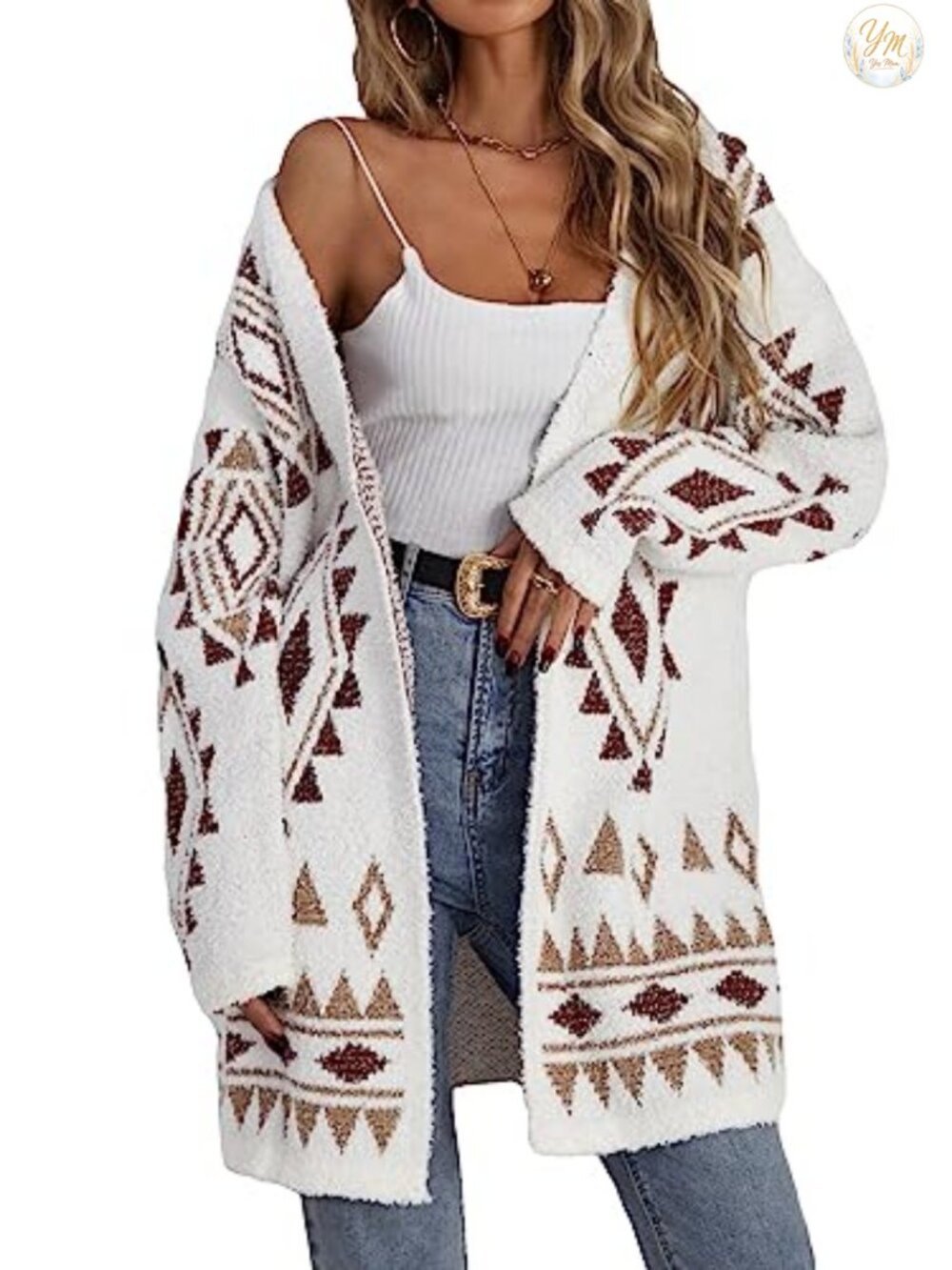 Women's Open Front Long Cardigan Boho Chunky Sweater Geometric Drop Shoulder